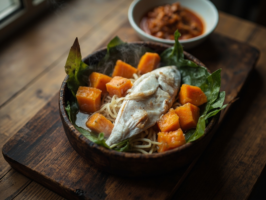 Earth-oven hākari — steamed kūmara and fish
