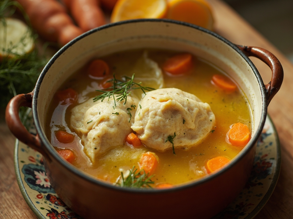 Soupe de poule et boulettes de matzo (kneidlach)