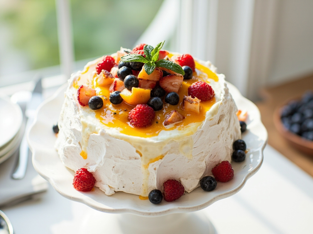 Pavlova couronnée de fruits de la passion