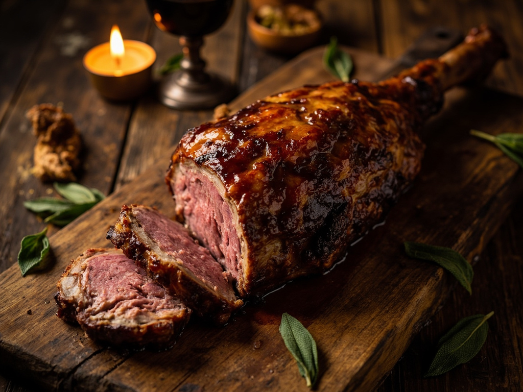 Cuissot de sanglier rôti au miel et à la livèche