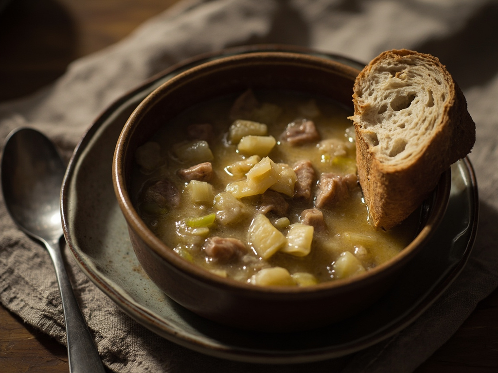 Potage épais aux poireaux et au pain