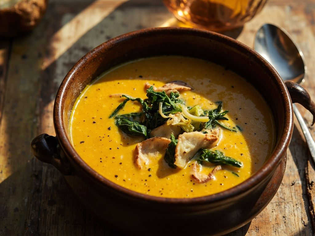 Potage de pain au safran et aux herbes du potager