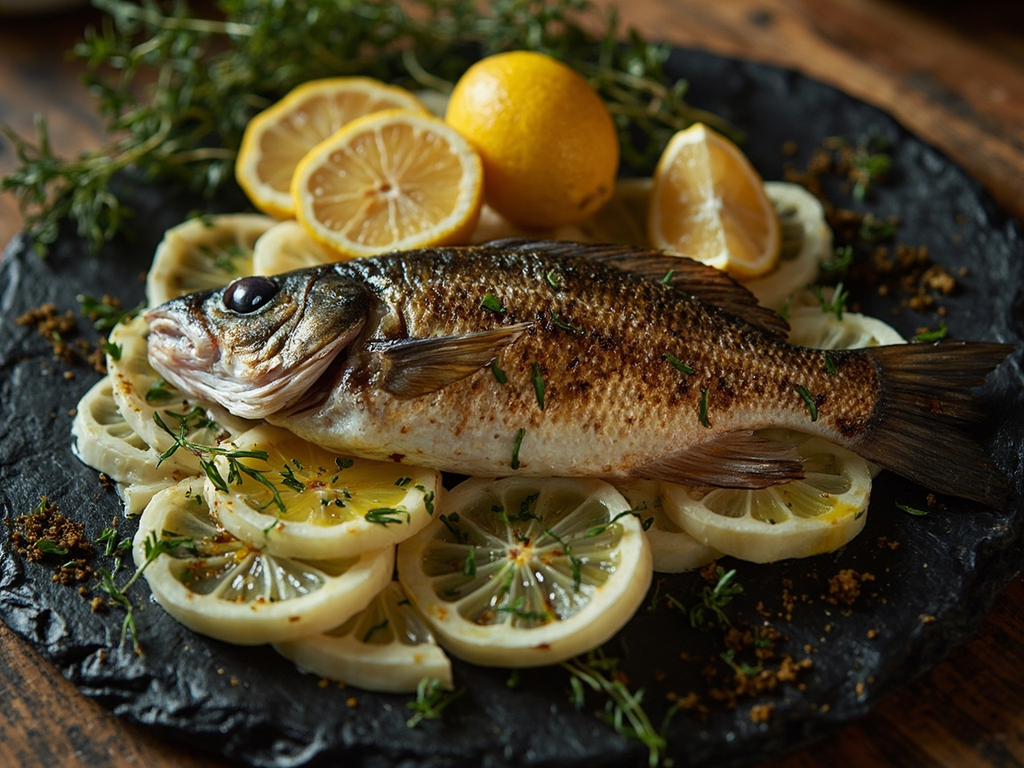 Le poisson grillé de Poséidon au garos et au fenouil