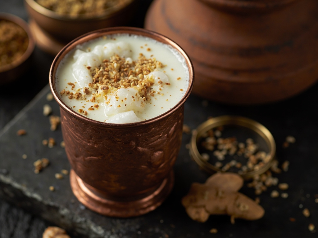 Lait battu à l'eau, gingembre et poivre long (boisson rafraîchissante)