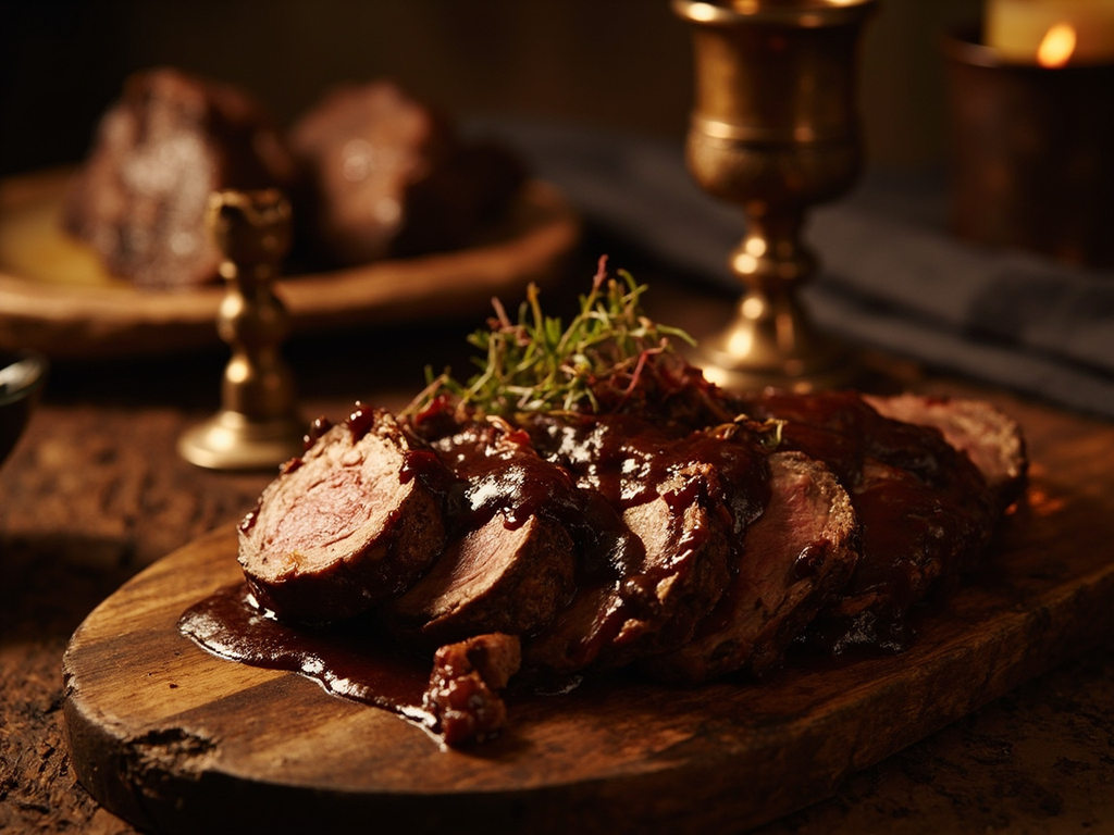 Cuissot de cerf rôti, sauce au miel et au poivre