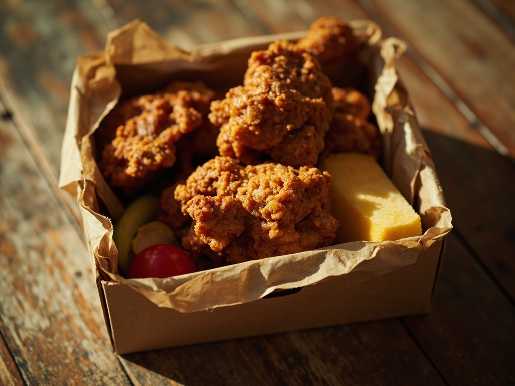 Le déjeuner « boîte à chaussures » : poulet frit froid pour le voyage (Shoebox lunch)