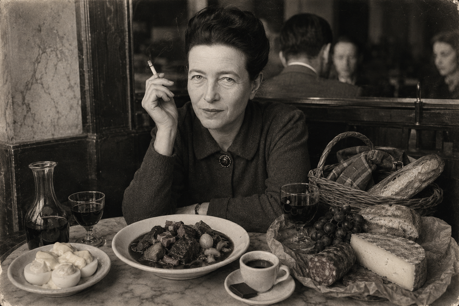 Simone de Beauvoir at the table