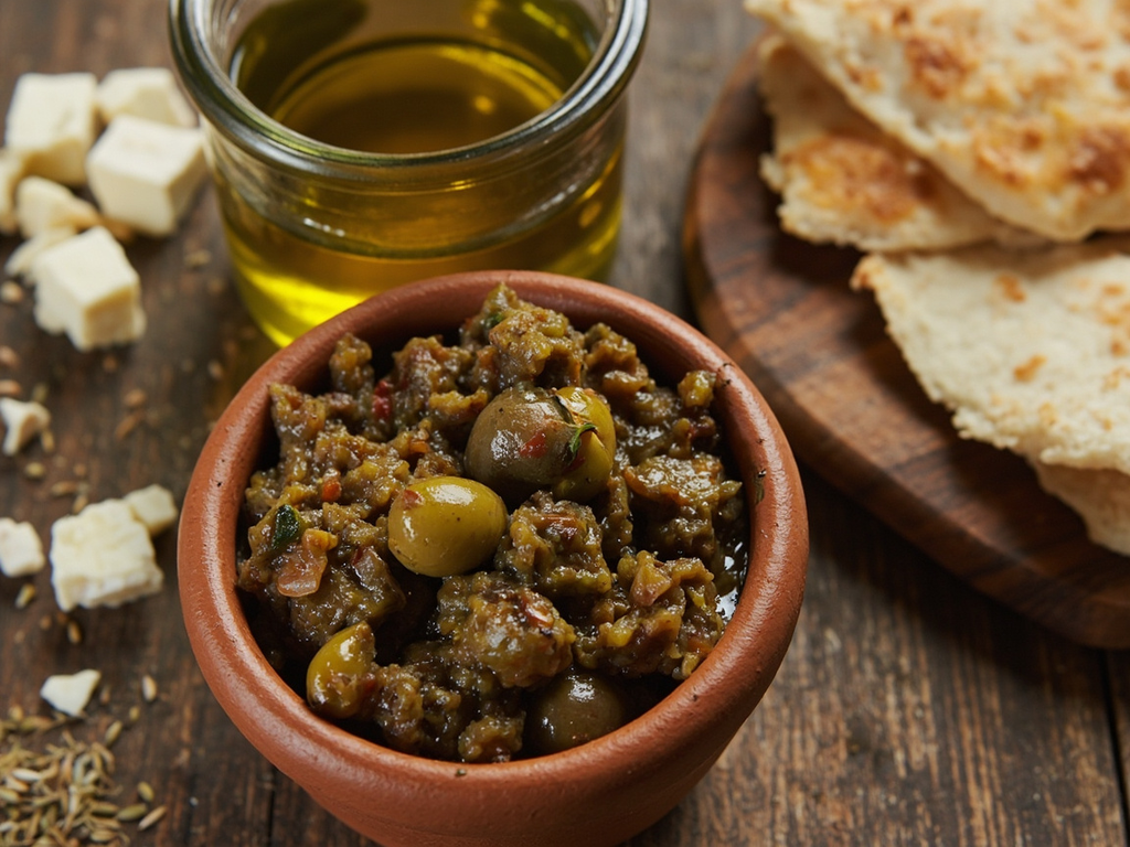 Olives et fromage au moût pour la route (epityrum de voyage)