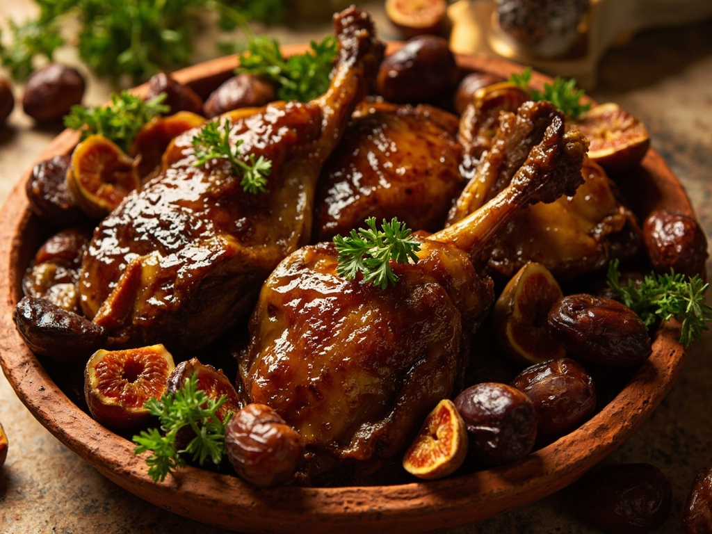 Oie rôtie au miel, figues et coriandre