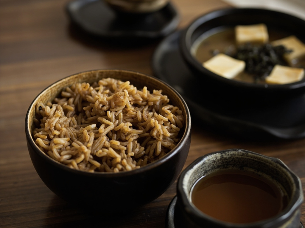 Genmai-meshi to miso-shiru — brown rice and miso soup