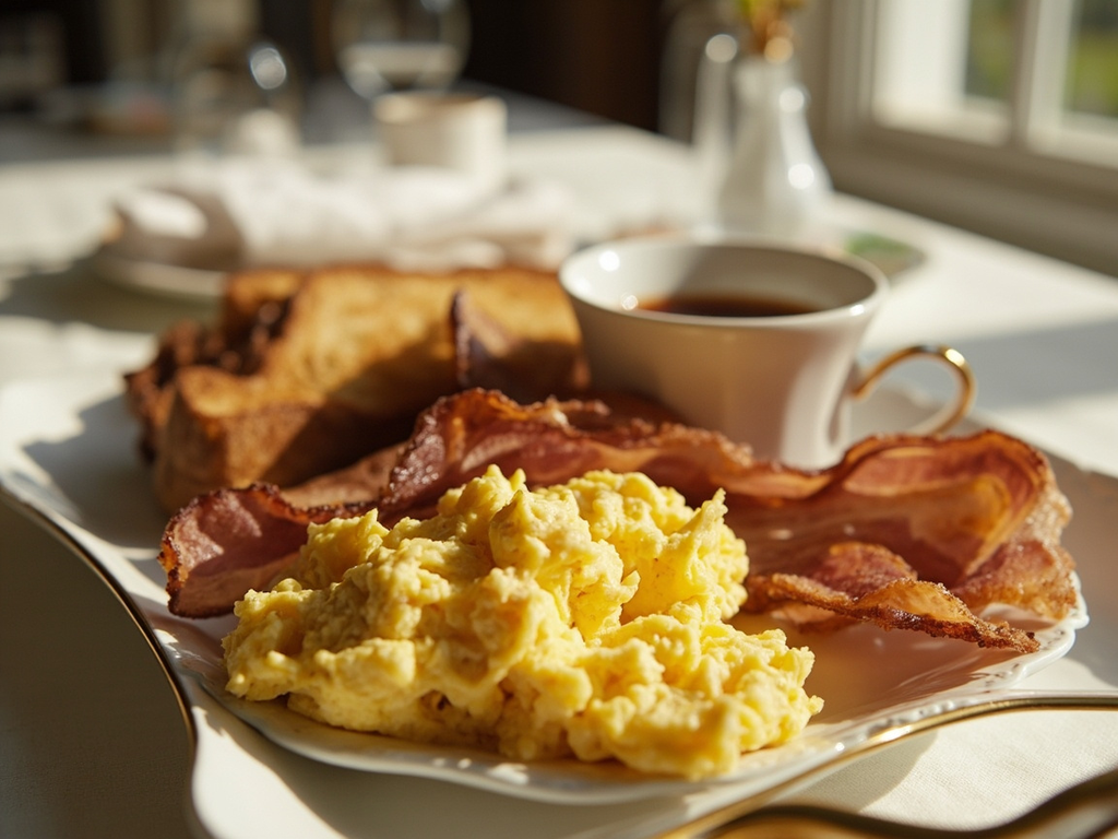 Œufs brouillés et bacon du petit-déjeuner au lit