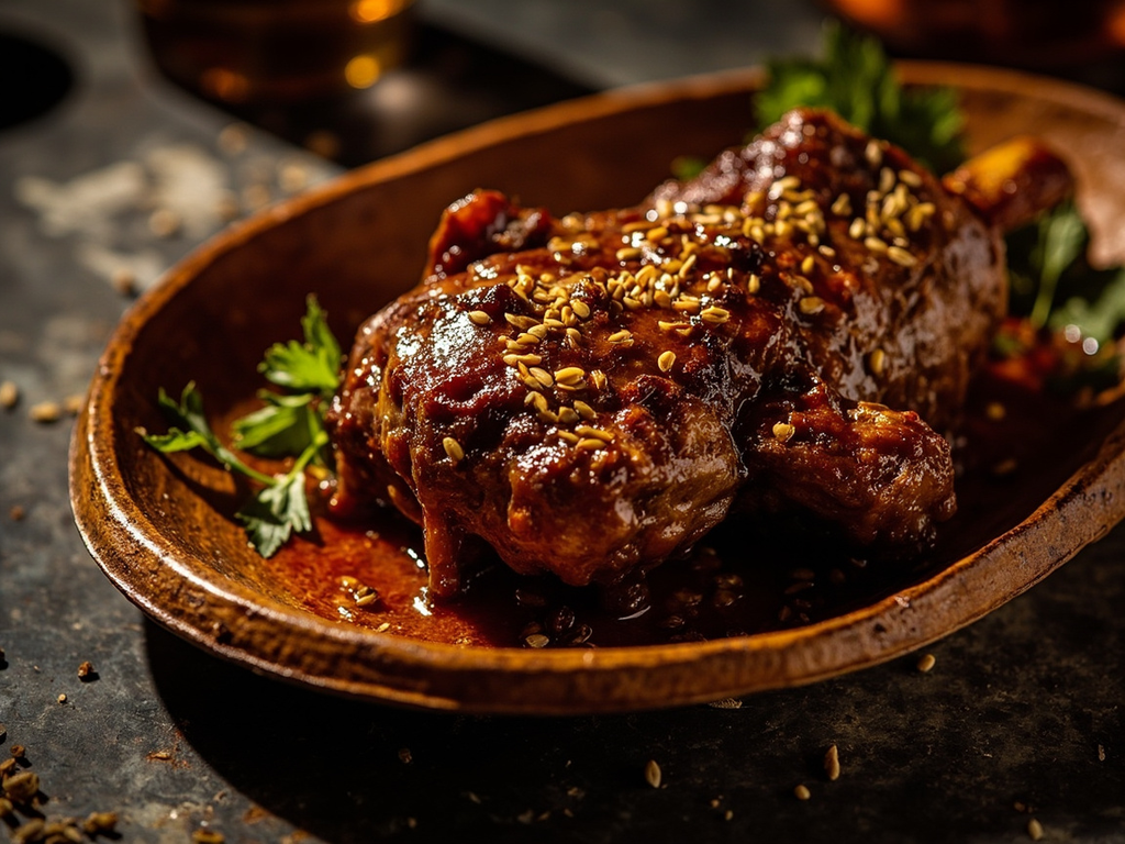 Épaule d'agneau rôtie au miel, cumin et coriandre