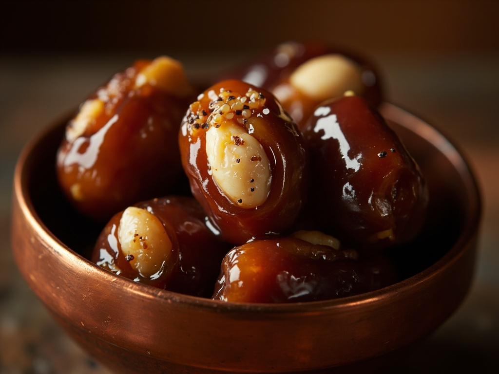 Dulcia domestica — dattes farcies aux amandes, miellées et poivrées